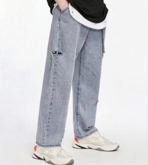 Wide Washed Distressed Jeans